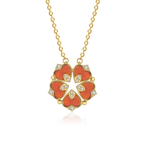 Collier chic en argent S925 doré avec cinq pétales de cœur orange et cristaux brillants