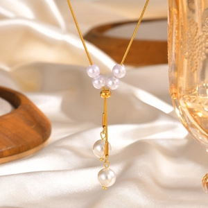 Collier En Y Plaqué Or Acier Inoxydable Chaîne Serpent Künstliche Perle D'imitation Élégant Bijou De Mode Pour Femmes