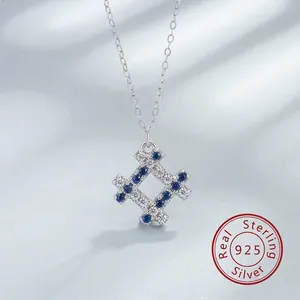 Collier Pendentif Grille Géométrique en Argent Sterling 925 Zirconia Bleu Bijoux de Mode Commuter Haut de Gamme pour Femmes