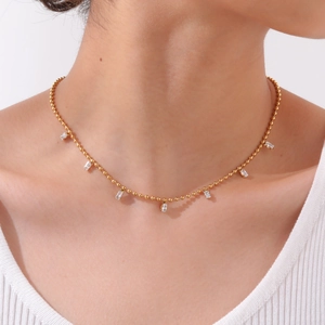 Collier Pendentif en Zirconia en Acier Inoxydable pour Femme Chaîne à Billes Plaqué Or Bijoux Mode Minimaliste