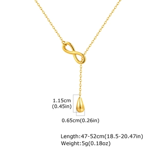 Detail view of gold infinity Y-necklace showing teardrop pendant dimensions and chain length