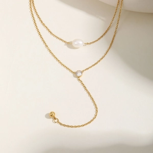 Double-layered 18K gold stainless steel Y-necklace with Baroque pearl and zircon pendant