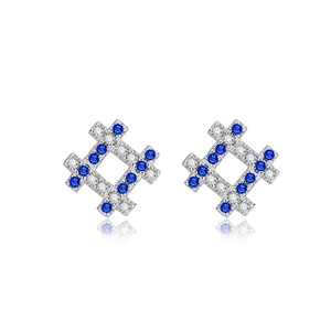 Elegant S925 sterling silver grid earrings featuring blue sapphires and clear zircons