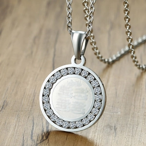 Stainless Steel Arabic Calligraphy Round Pendant Necklace For Men Zirconia Inlaid Gold Silver Black Religious Jewelry