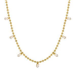 Collier chaîne à boules dorées avec sept pendentifs en zircone rectangulaires sur blanc