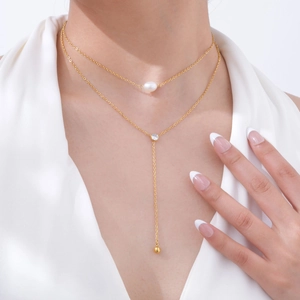 Necklace Stainless Steel 18K Gold Plated White Artificial Pearl Zircon Layered Y Shape Tassel Chain Fashion Commuting Jewelry Women