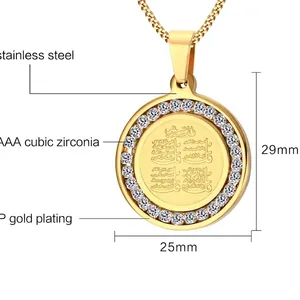Gold stainless steel round pendant necklace featuring a bezel of sparkling AAA cubic zirconia