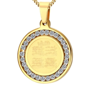 Gold stainless steel round pendant necklace with Arabic engraving and zircon border