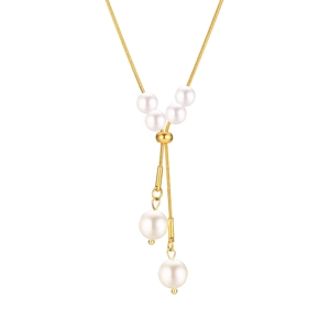 Collier Y minimaliste en maille serpent dorée avec six perles nacrées pour femme