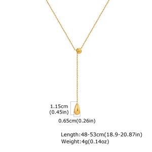 Detailansicht der 18K Gold Y-Halskette mit Maßen für Tropfenanhänger und Kettenlänge