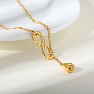 Golden stainless steel infinity necklace with teardrop pendant for women