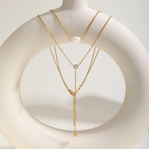 Double-layer 18K gold stainless steel Y-necklace with baroque pearl and zircon accents