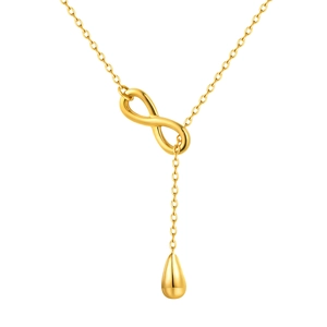 Golden stainless steel infinity necklace with teardrop pendant on a white background
