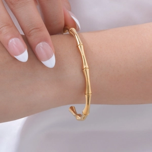 18K gold-plated C-shaped bamboo texture bangle minimalist stainless steel bracelet for women