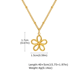 Detail showing gold hollow flower pendant with dimensions and 40+5cm beaded chain length