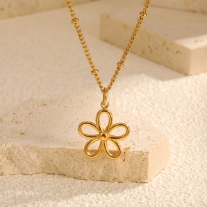 Minimalist Gold Plated Stainless Steel Hollow Flower Pendant Necklace For Women Elegant Bean Chain Jewelry Gift
