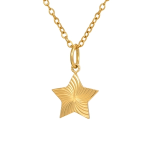 Goldene Edelstahl Stern-Halskette mit radialer Textur auf weißem Hintergrund