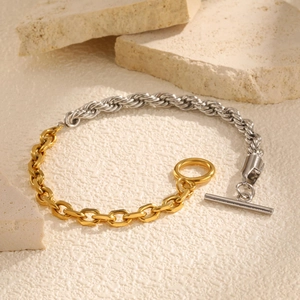 Zweifarbiges Gliederkettenarmband mit Goldkreuzgliedern und silbernem Seil mit OT-Verschluss