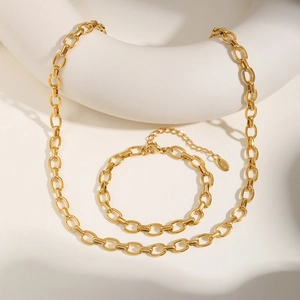 Bijoux Chaîne Épaisse en Acier Inoxydable Plaqué Or 18K Collier Bracelet à Maillons Ovales Pour Femme Accessoire Mode