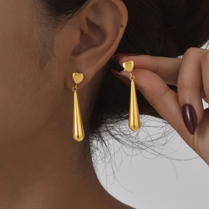 Mode Boucles d'Oreilles Longues en Acier Inoxydable en Forme de Cœur pour Femmes Plqué Or Goutte d'Eau Géométrique Bijoux