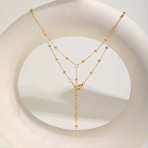 Minimalist Stainless Steel Y-Shaped Necklace With Gold Beads For Women Fashion Commute Long Chain Beaded Necklace Jewelry