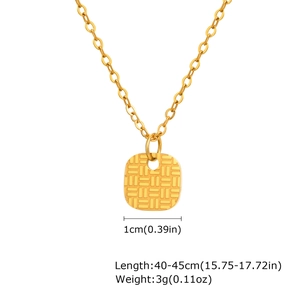 Macro shot of 18K gold plated square pendant showing woven texture and size dimensions