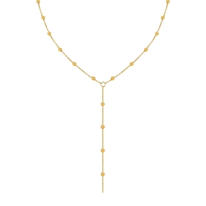 Elegant gold Y-shaped necklace with polished beads on a fine stainless steel chain