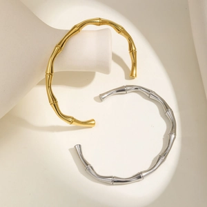 Golden and silver stainless steel bamboo style open C-shaped cuff bracelets with 18K plating