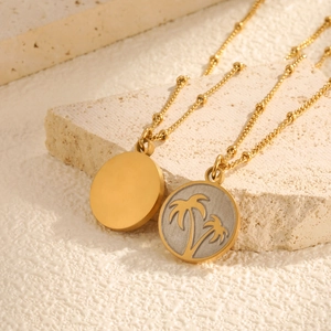 Collier Pendentif Disque Rond Palmier en Acier Inoxydable pour Femmes Chaîne à Billes Plaquée Or Bijoux de Mode de Vacances