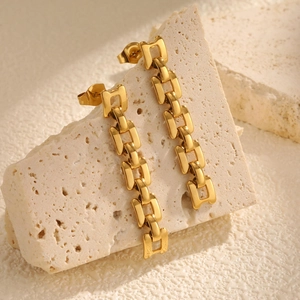 Women's Fashion Stainless Steel Gold Plated Rectangular Chain Link Drop Earrings Minimalist Industrial Style Jewelry Gift