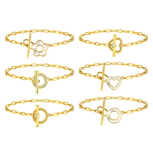 Set of six gold stainless steel chain bracelets with shell heart and flower pendants