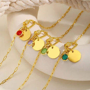 Gold stainless steel link chain necklaces with round tags and colorful birthstones