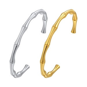 Polished 18K gold and silver C-shaped bamboo link bangle bracelets in stainless steel