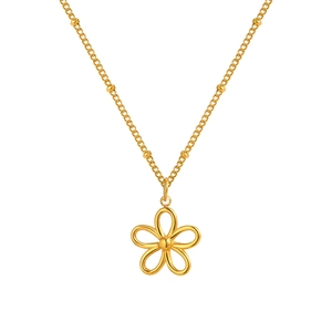 Elegant gold-tone stainless steel beaded chain necklace with a hollow flower pendant