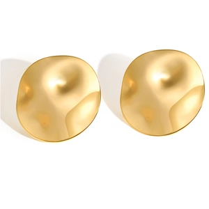 Exaggerated irregular round golden stainless steel stud earrings with wavy polished finish
