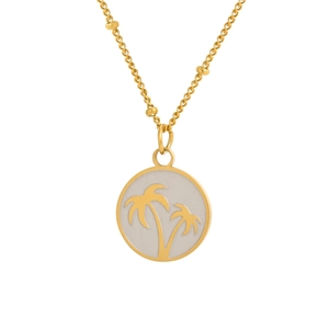 Collier en acier doré à perles avec pendentif rond dépoli et motif palmier