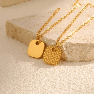 18K gold plated stainless steel necklaces with polished and woven texture square pendants