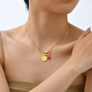 Gouden roestvrijstalen ketting met ronde hanger en rode edelsteen op een model