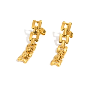 Golden stainless steel watch band chain drop earrings with geometric link design