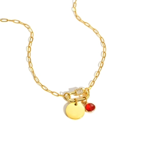Gouden roestvrijstalen schakelketting met ronde schijf en rode edelsteen hanger