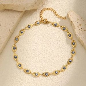 18K gold stainless steel Evil Eye anklet with blue beads and adjustable lobster clasp