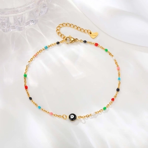 Bracelet de cheville bohème en acier avec perles colorées et œil maléfique