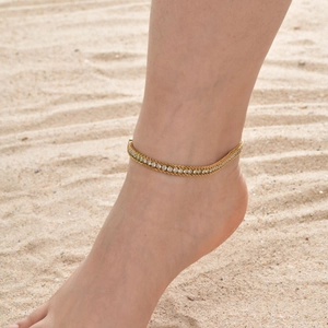 Bracelet de Cheville en Acier Inoxydable Vintage Français pour Femmes Plaqué Or 18K Zirconia Chaîne à Mailles Bijoux de Plage