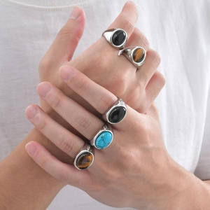 Vintage Men Stainless Steel Ring Oval Natural Stone Inlaid Black Agate Tiger Eye Turquoise Geometric Punk Fashion Jewelry