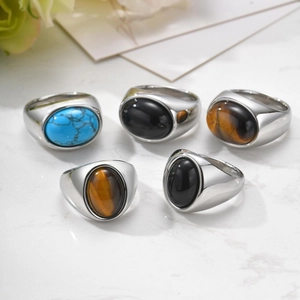 Classic stainless steel men's rings with oval black agate and natural tiger eye stones