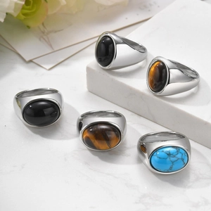 Men's stainless steel geometric oval rings with black agate and natural stones