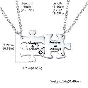 Colliers couple en acier inoxydable avec cœur puzzle soleil lune et lettres gravées