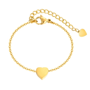 Polished gold stainless steel heart charm anklet with adjustable chain on white background
