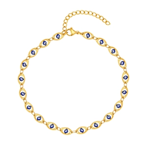 Gold stainless steel evil eye anklet with blue beads and adjustable lobster clasp closure