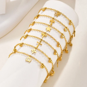 Edelstahl Gold Überzogenes Geometrisches Schmetterling Krone Kreuz Stern Libelle Anhänger Fußkettchen Mit Strass Für Damen
